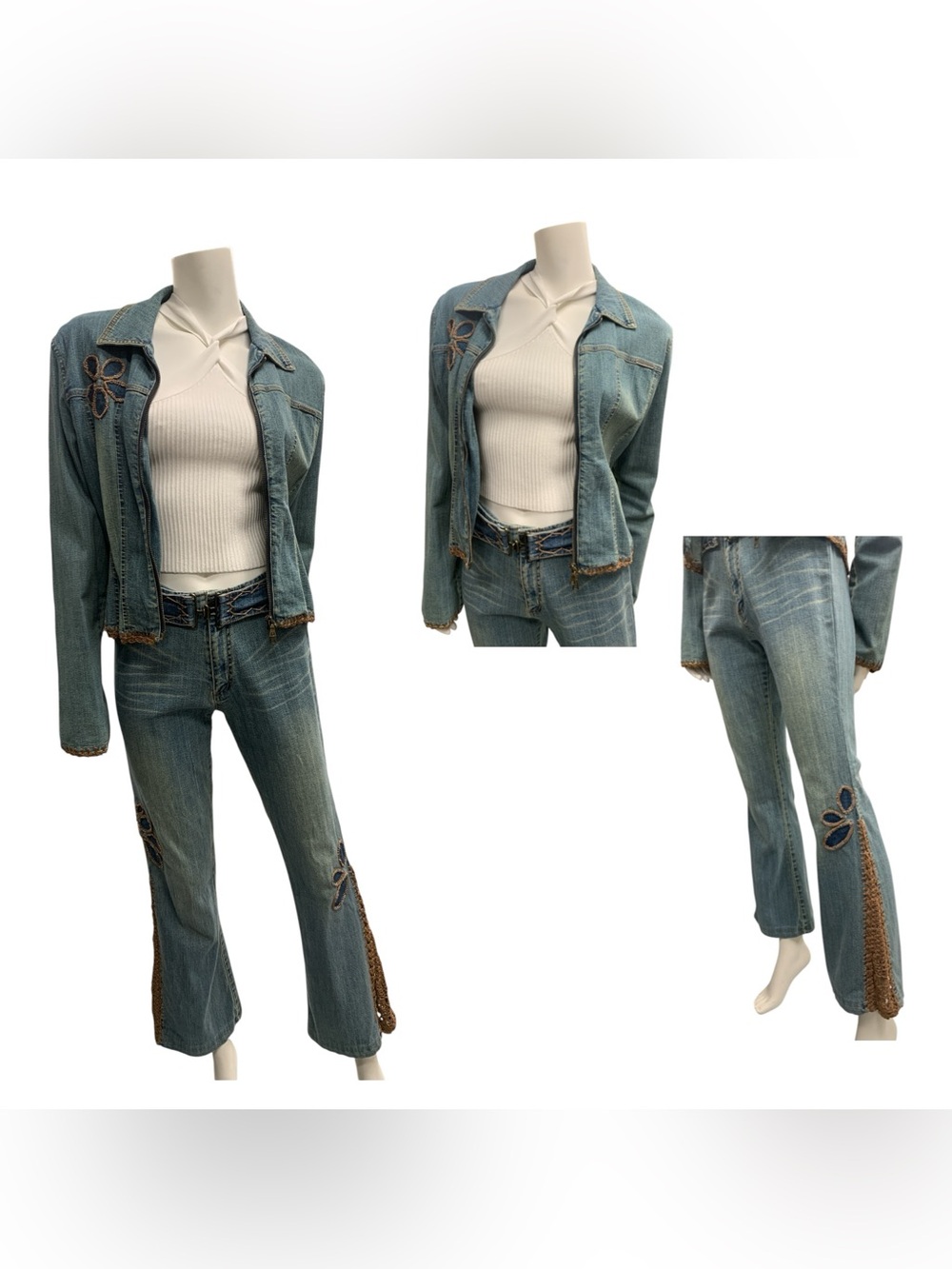 2 sets Embroidered Light Blue Flare Jeans and Jacket with Decorative Trim